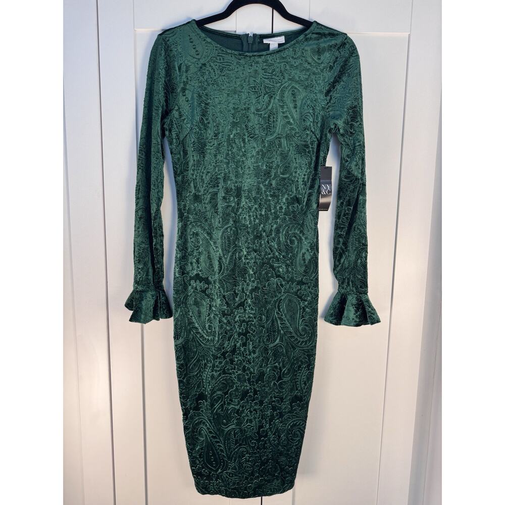 NWT New York & Company Green Velvet Dress Women Sz S Bodycon Long Sleeve Holiday